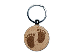 Baby Footprints Engraved Wood Round Keychain Tag Charm