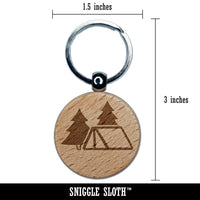 Camping Tent in the Woods Pine Trees Engraved Wood Round Keychain Tag Charm