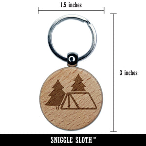 Camping Tent in the Woods Pine Trees Engraved Wood Round Keychain Tag Charm