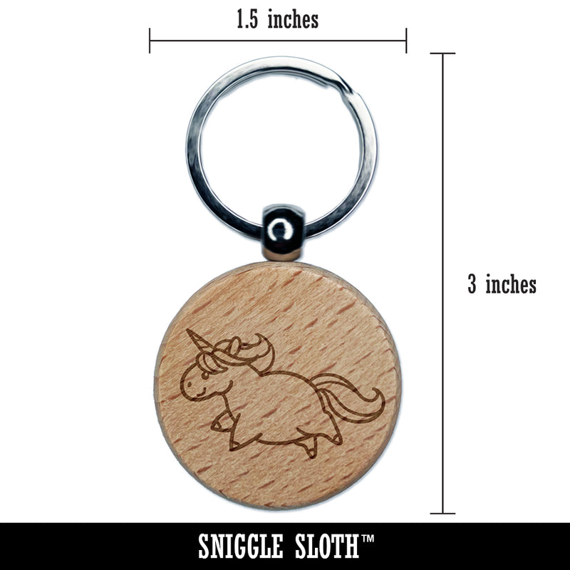 Chubby Unicorn Running Engraved Wood Round Keychain Tag Charm