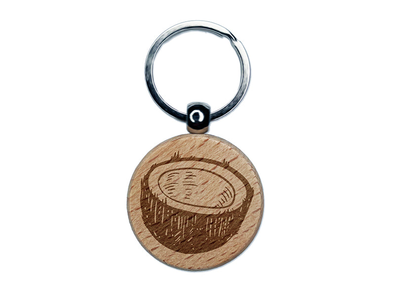 Cut Open Coconut Engraved Wood Round Keychain Tag Charm