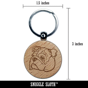 English Bulldog Head Engraved Wood Round Keychain Tag Charm