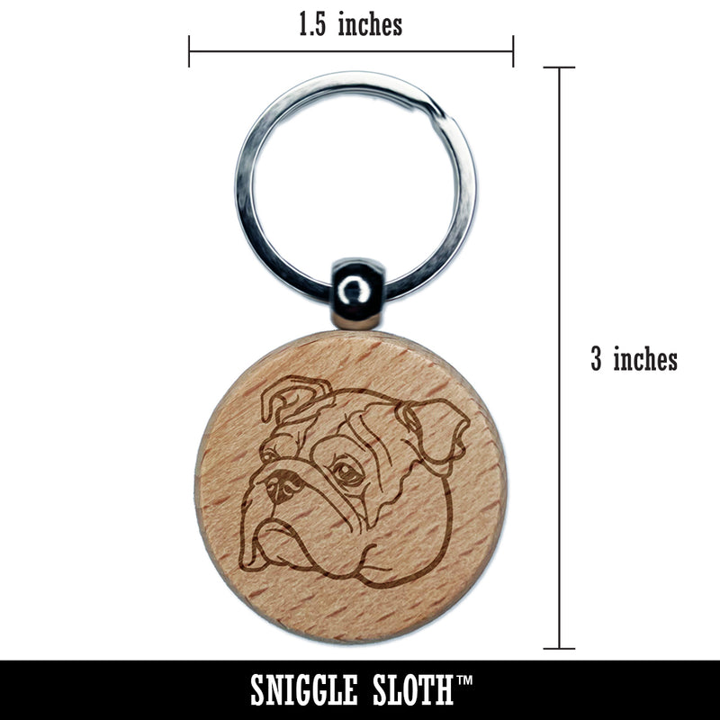 English Bulldog Head Engraved Wood Round Keychain Tag Charm