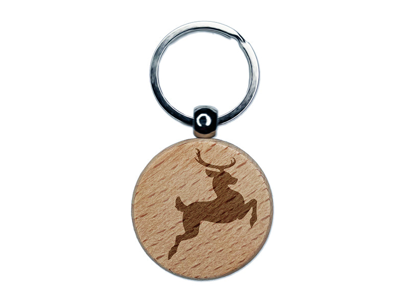 Flying Reindeer Silhouette Engraved Wood Round Keychain Tag Charm