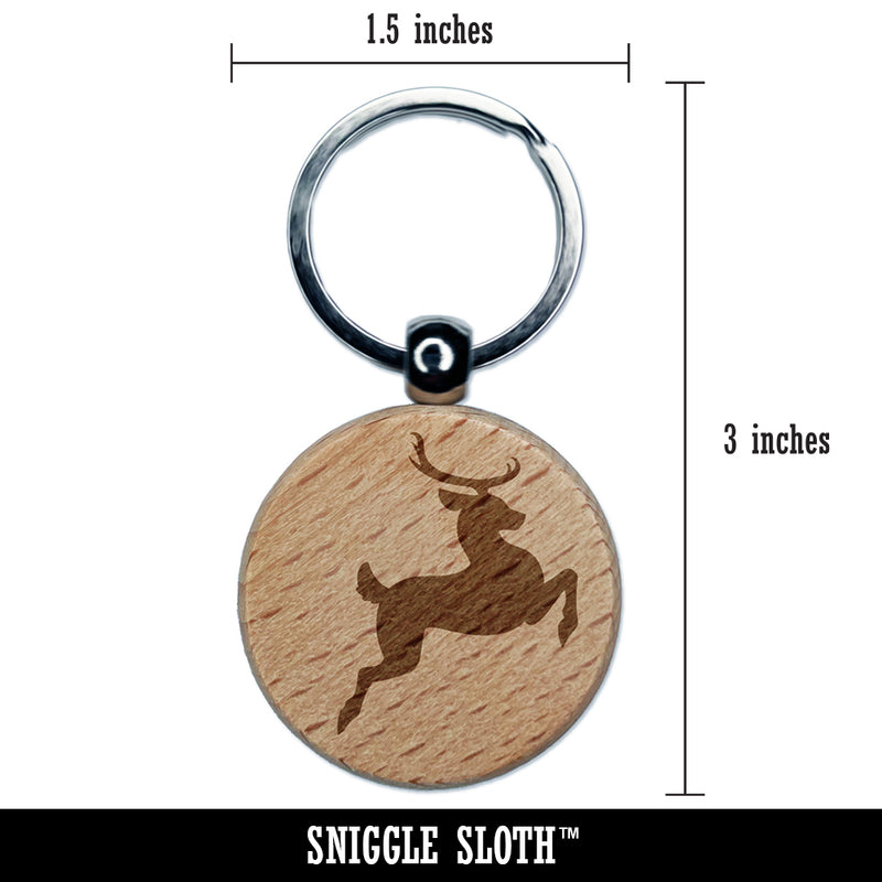 Flying Reindeer Silhouette Engraved Wood Round Keychain Tag Charm