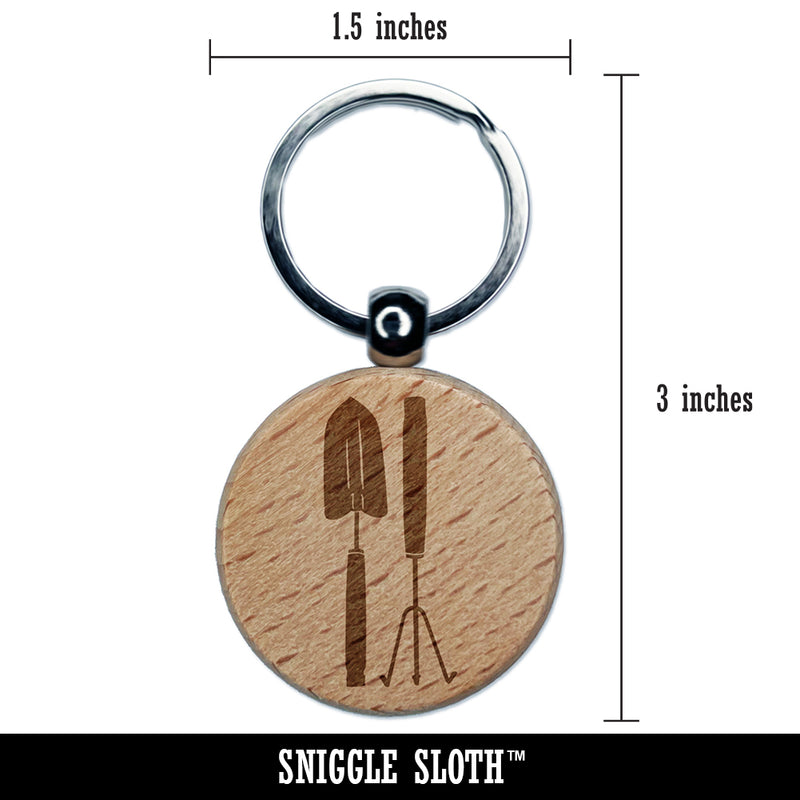 Gardening Tools Trowel Hand Rake Engraved Wood Round Keychain Tag Charm