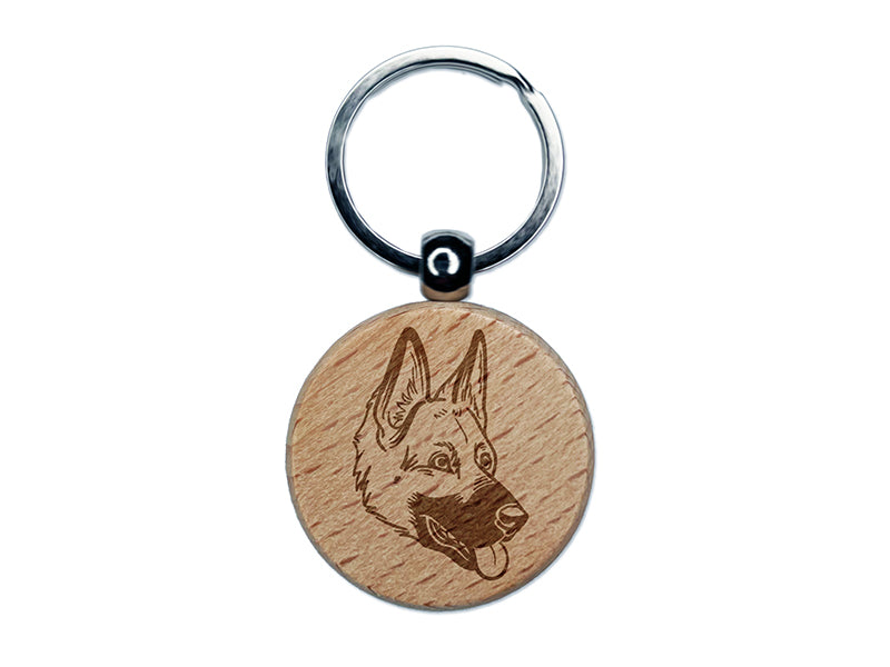 German Shepherd Dog Head Engraved Wood Round Keychain Tag Charm