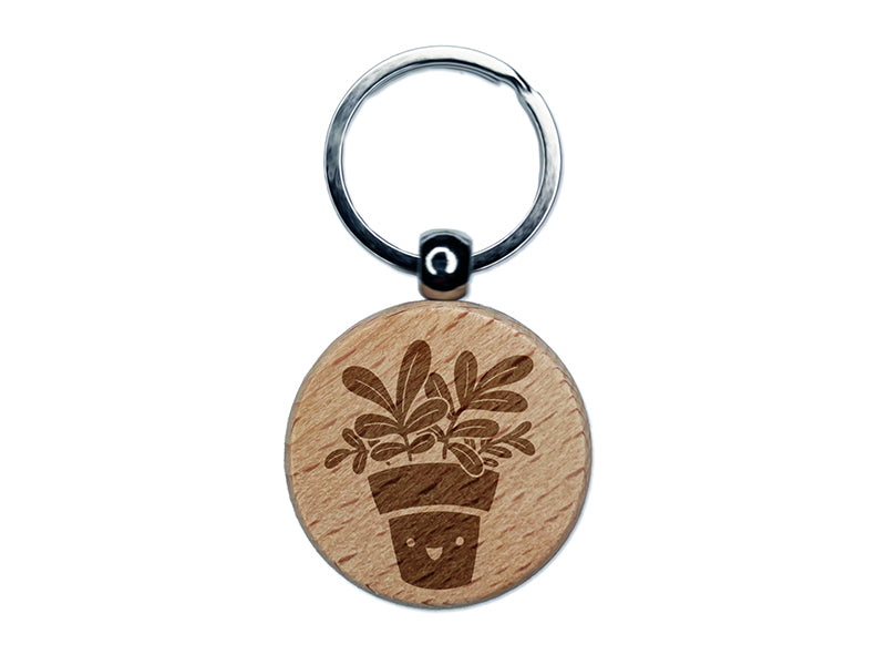 Happy Potted Plant Engraved Wood Round Keychain Tag Charm