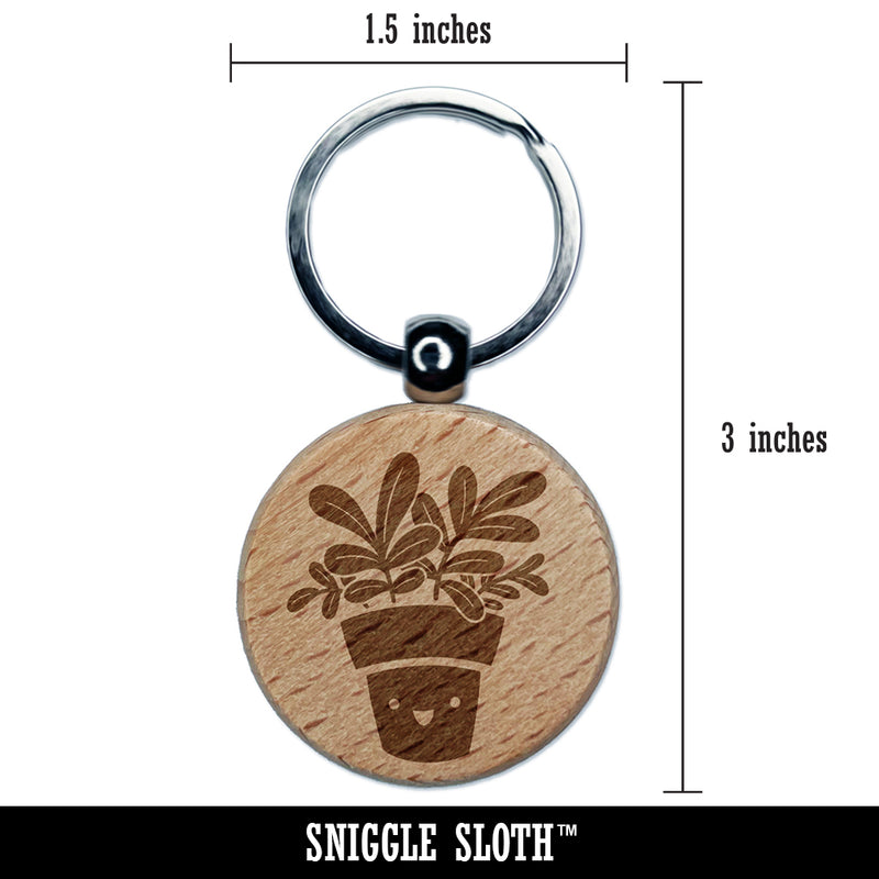 Happy Potted Plant Engraved Wood Round Keychain Tag Charm