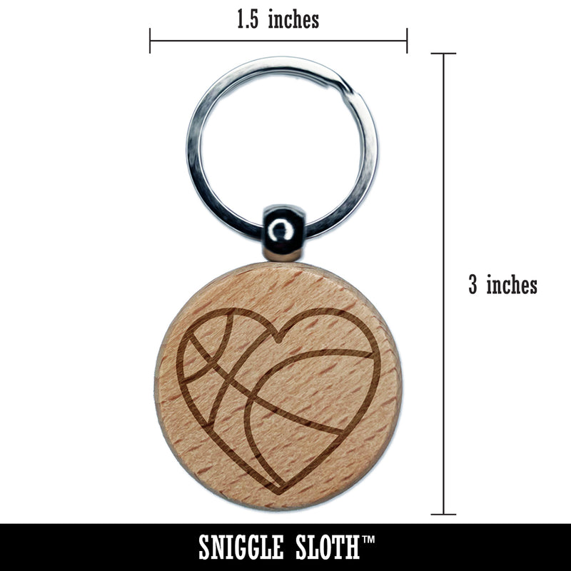 Heart Shaped Basketball Sports Engraved Wood Round Keychain Tag Charm