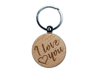 I Love You in English Heart Engraved Wood Round Keychain Tag Charm