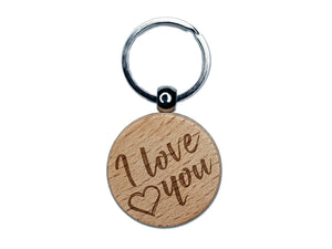 I Love You in English Heart Engraved Wood Round Keychain Tag Charm