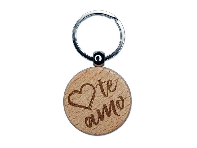 I Love You in Spanish Te Amo Heart Engraved Wood Round Keychain Tag Charm