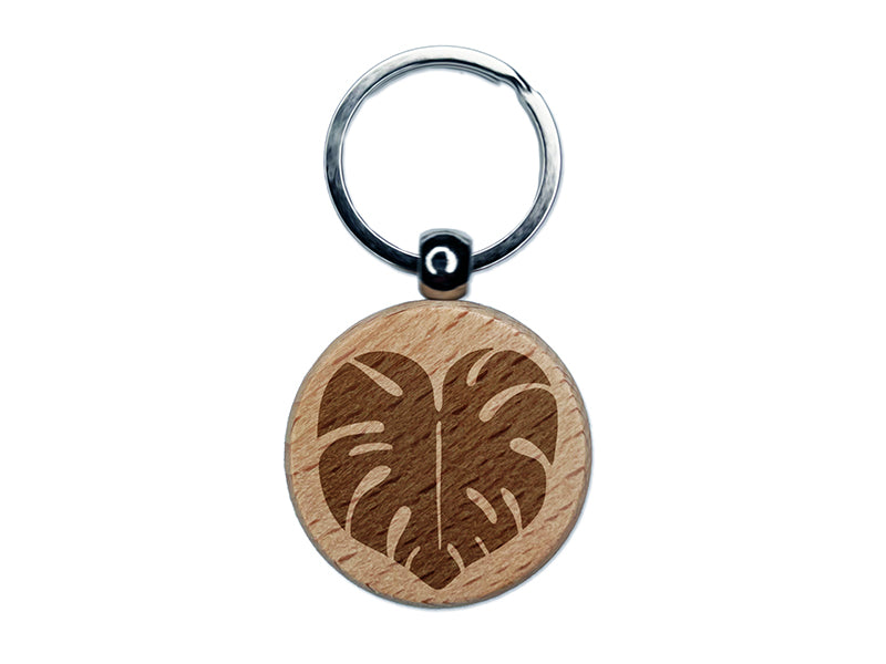 Monstera Leaf Swiss Cheese Plant Engraved Wood Round Keychain Tag Charm