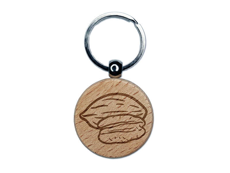 Pecan Nut Drawing Engraved Wood Round Keychain Tag Charm