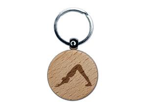 Yoga Downward Facing Dog Pose Engraved Wood Round Keychain Tag Charm