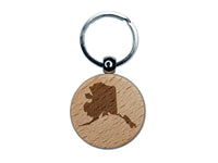 Alaska State Silhouette Engraved Wood Round Keychain Tag Charm