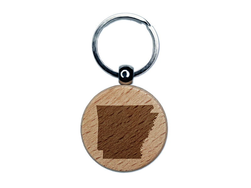 Arkansas State Silhouette Engraved Wood Round Keychain Tag Charm