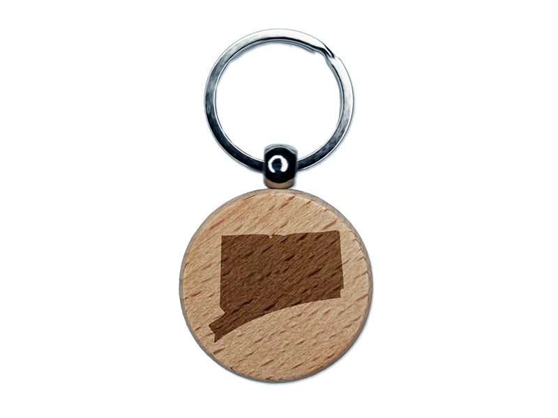 Connecticut State Silhouette Engraved Wood Round Keychain Tag Charm