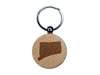 Connecticut State Silhouette Engraved Wood Round Keychain Tag Charm