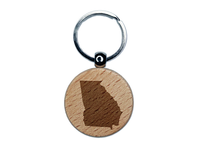 Georgia State Silhouette Engraved Wood Round Keychain Tag Charm