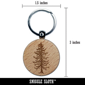 Hand Drawn Artsy Christmas Tree With Ornaments Engraved Wood Round Keychain Tag Charm