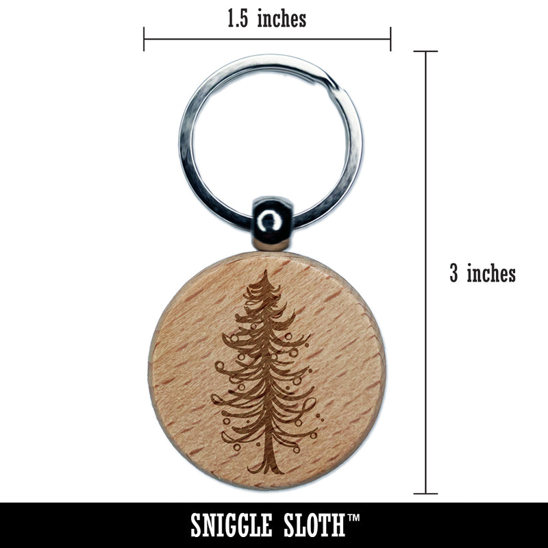 Hand Drawn Artsy Christmas Tree With Ornaments Engraved Wood Round Keychain Tag Charm