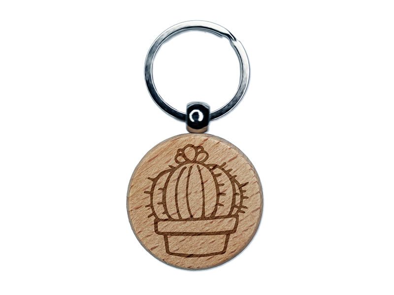 Hand Drawn Cactus With Flower Doodle Engraved Wood Round Keychain Tag Charm