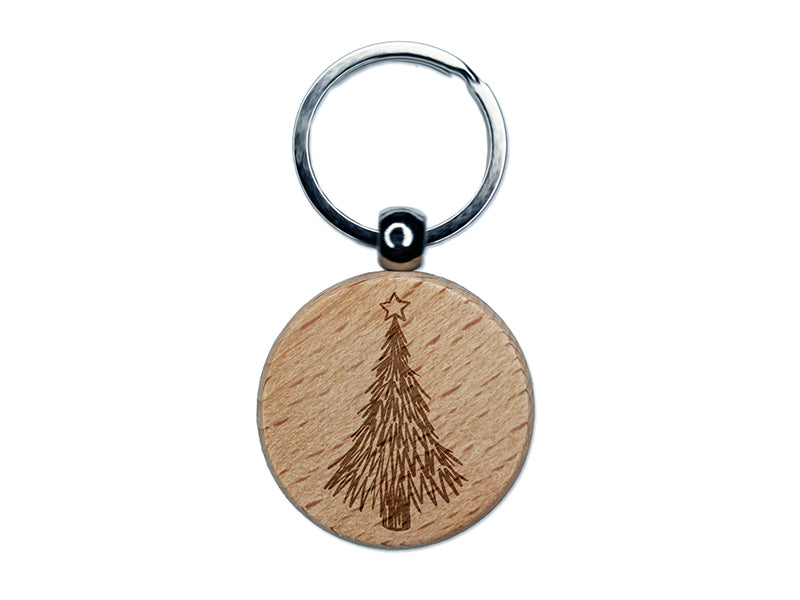 Hand Drawn Christmas Evergreen Tree with Star Engraved Wood Round Keychain Tag Charm