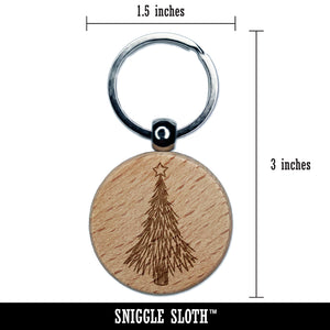 Hand Drawn Christmas Evergreen Tree with Star Engraved Wood Round Keychain Tag Charm