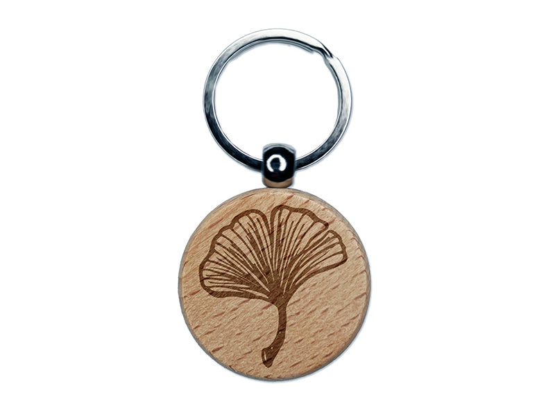 Hand Drawn Ginkgo Leaf Doodle Engraved Wood Round Keychain Tag Charm