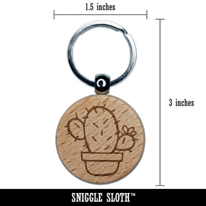 Hand Drawn Prickly Pear Cactus Doodle Engraved Wood Round Keychain Tag Charm