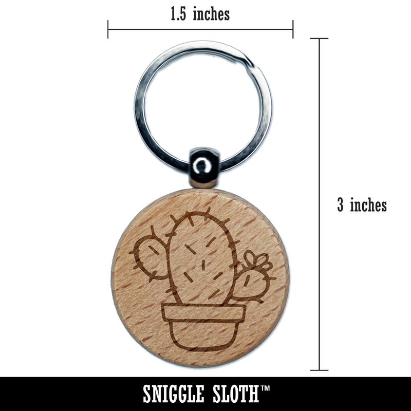 Hand Drawn Prickly Pear Cactus Doodle Engraved Wood Round Keychain Tag Charm
