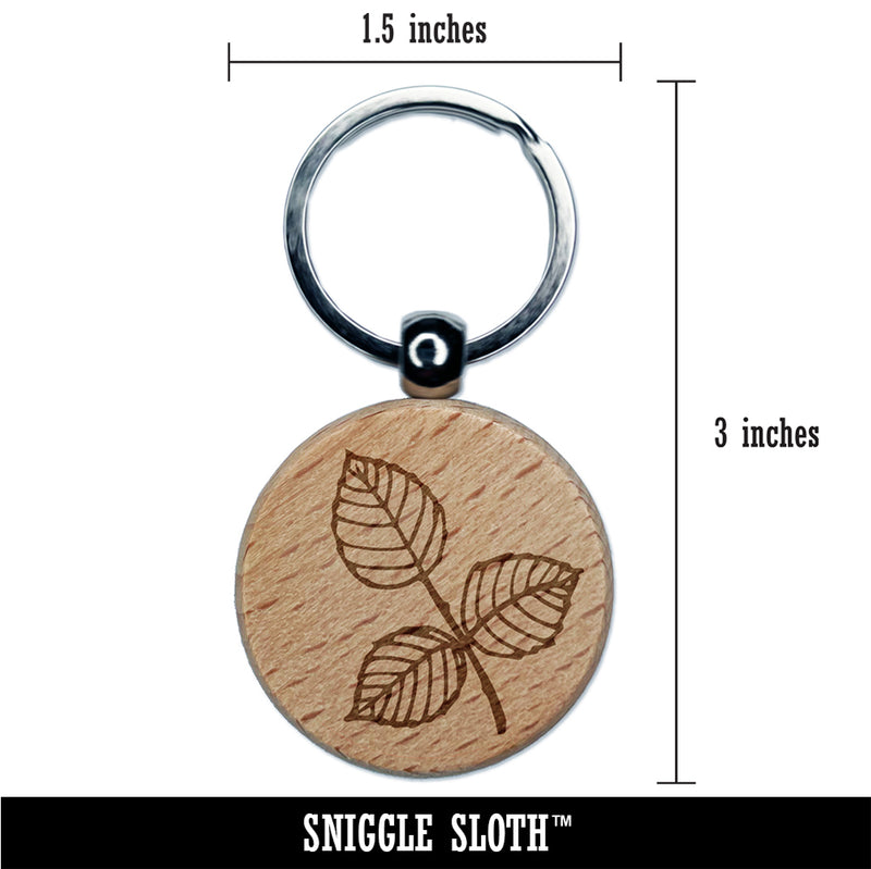 Hand Drawn Rose Leaves Doodle Engraved Wood Round Keychain Tag Charm