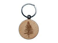 Hand Drawn Sketchy Christmas Evergreen Tree Engraved Wood Round Keychain Tag Charm