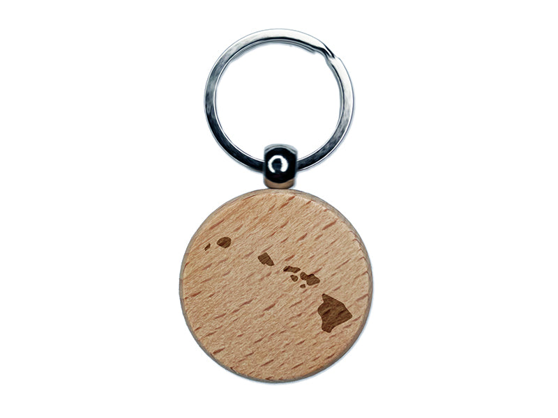 Hawaii State Silhouette Engraved Wood Round Keychain Tag Charm