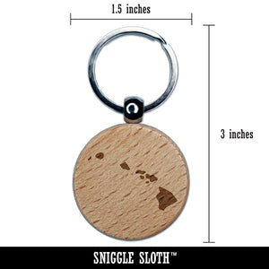 Hawaii State Silhouette Engraved Wood Round Keychain Tag Charm