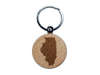 Illinois State Silhouette Engraved Wood Round Keychain Tag Charm