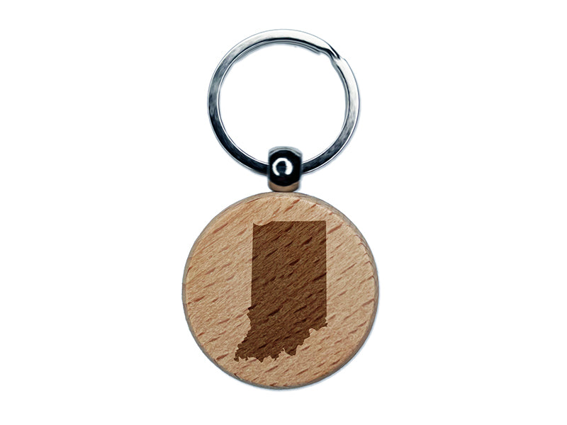 Indiana State Silhouette Engraved Wood Round Keychain Tag Charm