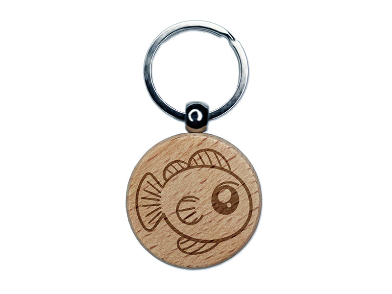 Kawaii Fish Engraved Wood Round Keychain Tag Charm