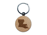 Louisiana State Silhouette Engraved Wood Round Keychain Tag Charm