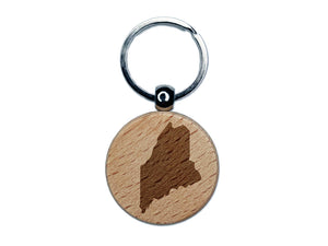 Maine State Silhouette Engraved Wood Round Keychain Tag Charm