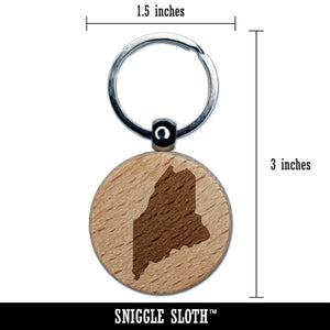 Maine State Silhouette Engraved Wood Round Keychain Tag Charm