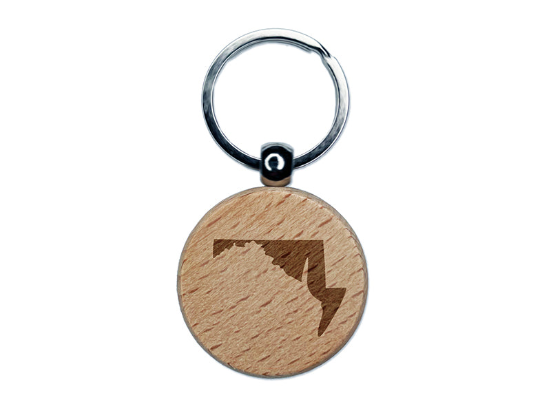 Maryland State Silhouette Engraved Wood Round Keychain Tag Charm