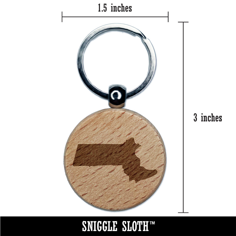 Massachusetts State Silhouette Engraved Wood Round Keychain Tag Charm