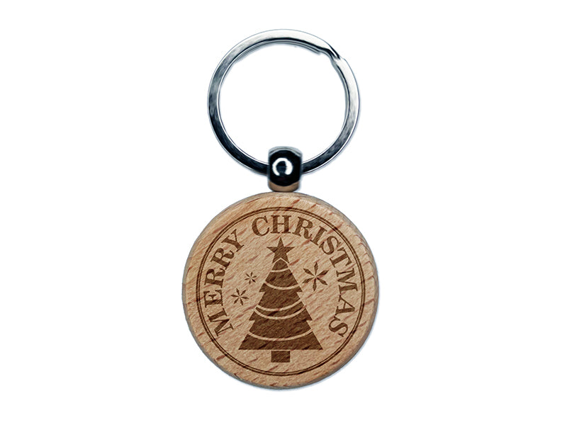 Merry Christmas Holiday Evergreen Tree Engraved Wood Round Keychain Tag Charm