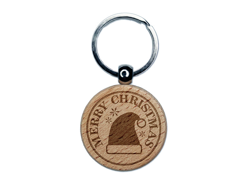 Merry Christmas Holiday Santa Hat Engraved Wood Round Keychain Tag Charm