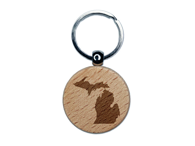 Michigan State Silhouette Engraved Wood Round Keychain Tag Charm