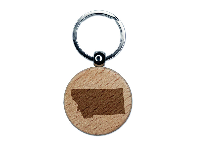 Montana State Silhouette Engraved Wood Round Keychain Tag Charm