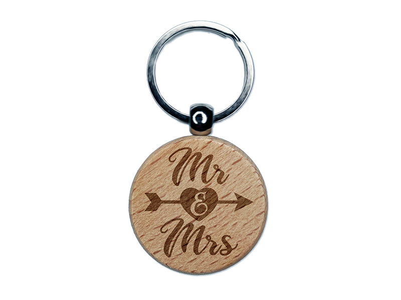 Mr and Mrs Heart and Arrow Wedding Engraved Wood Round Keychain Tag Charm